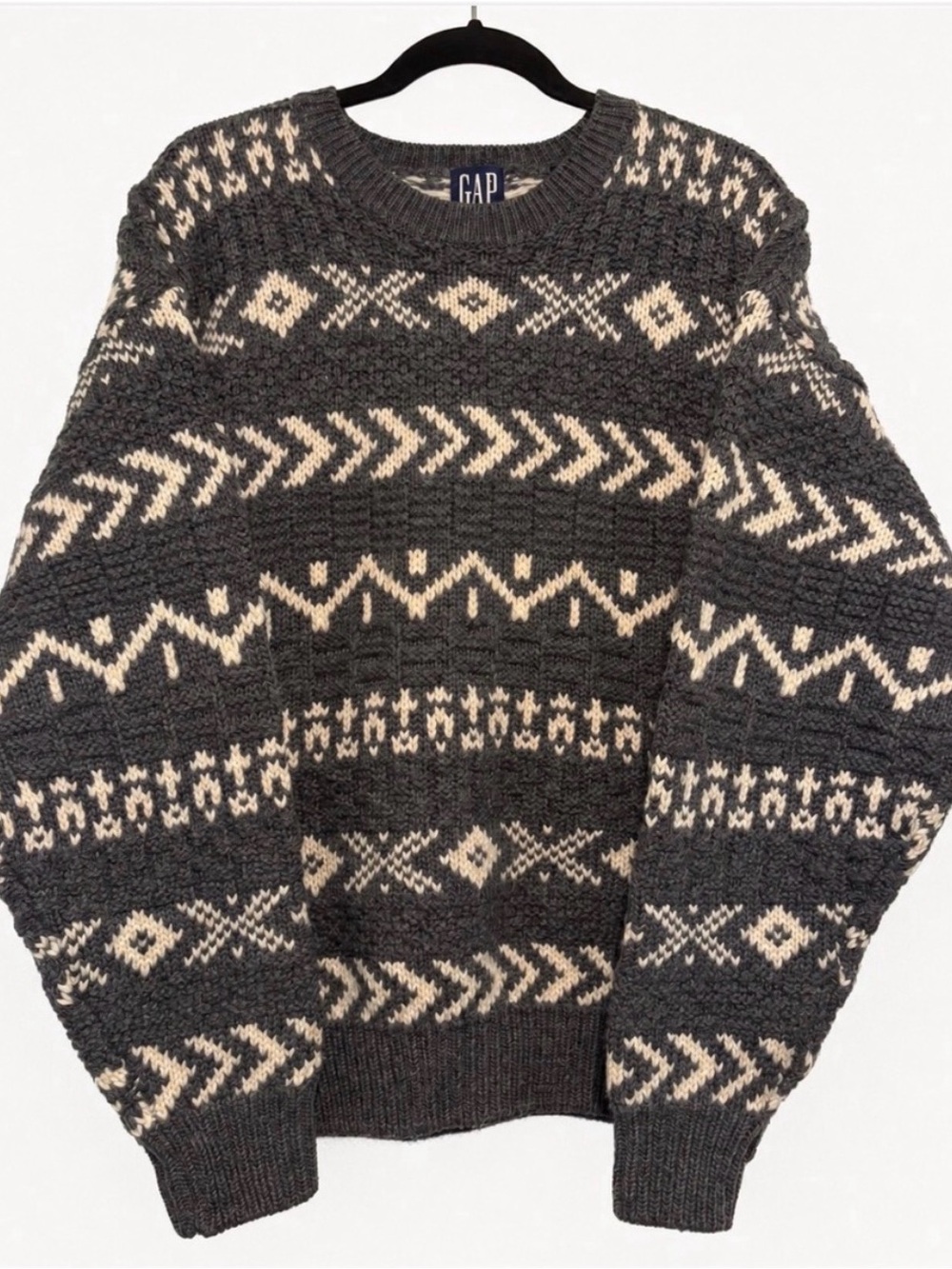 Vintage GAP Men's Charcoal Gray Fair Isle 90s Crewneck Wool Sweater Large